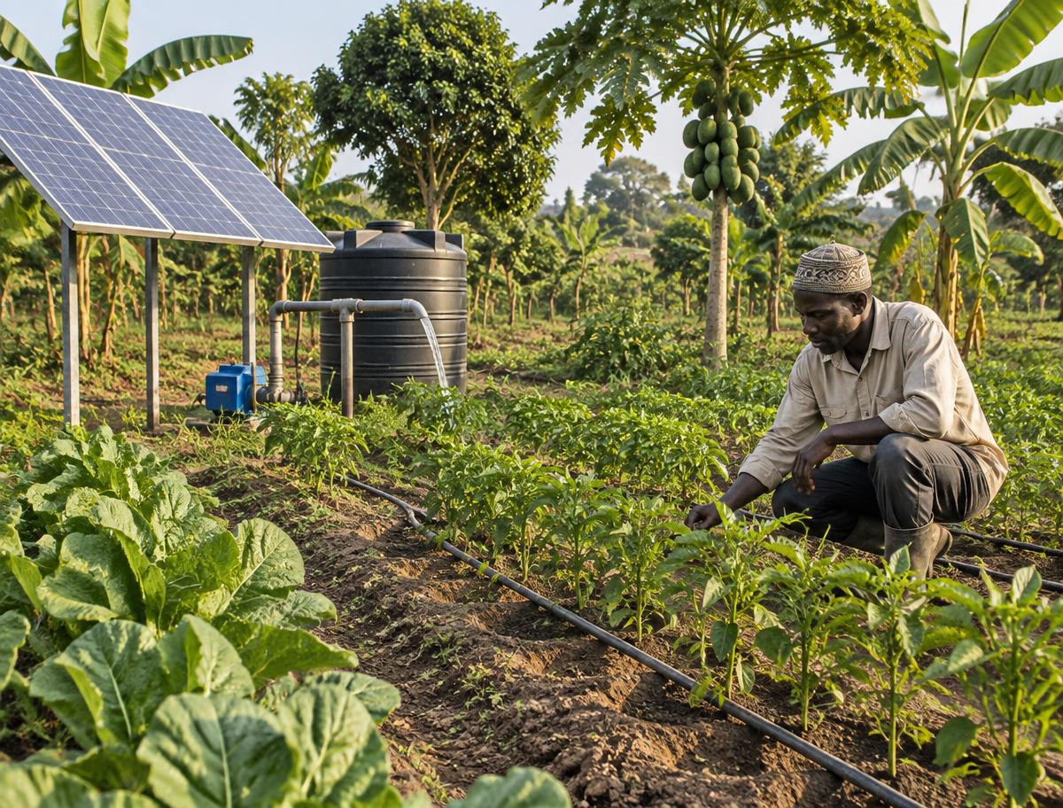 Solar water pump and drip irrigation on an agroforestry farm