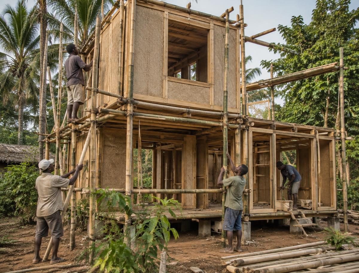 Modular housing assembled from bamboo and natural materials