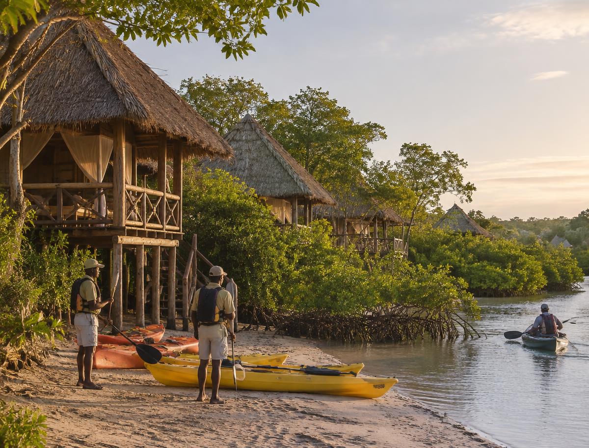 Eco-lodge cabins and kayak guides beside a mangrove channel